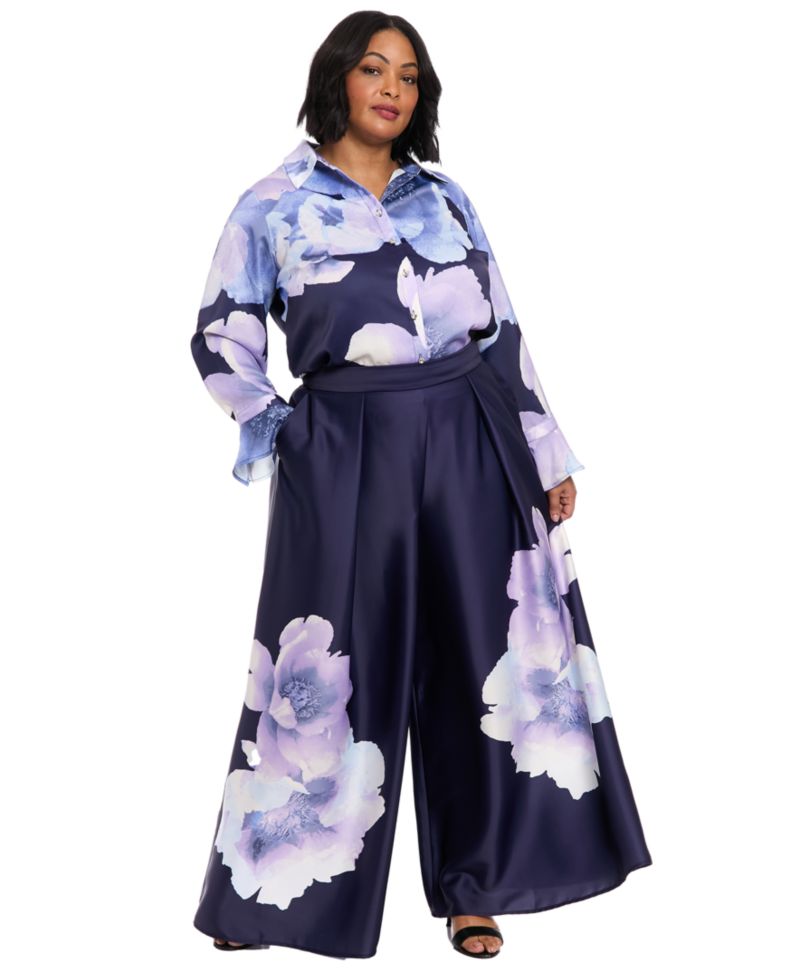 Plus Size Front Pleat Floral Placement Palazzo Pants