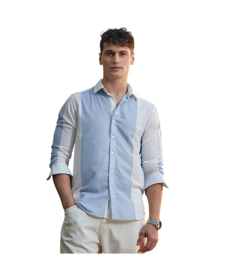 Men's Powder Blue & Daisy White Panel-Tactile Shirt