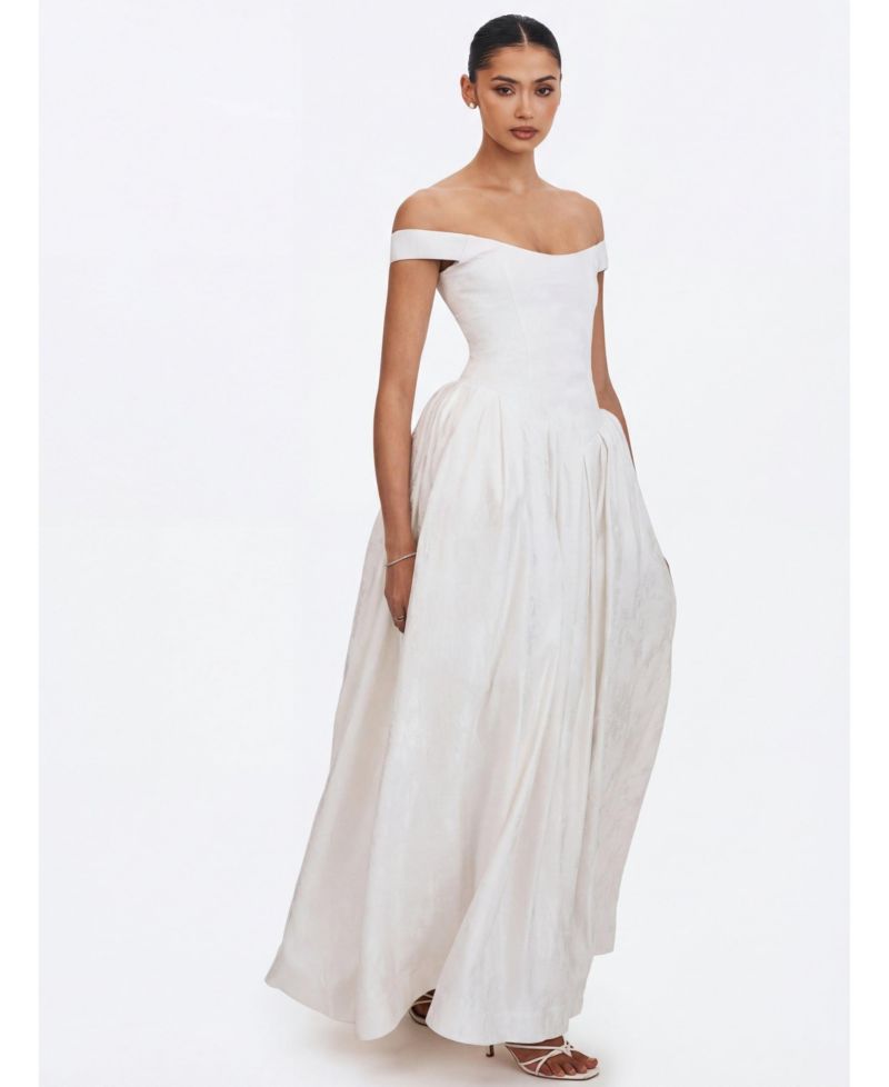 Women's Tinsley White Jacquard Bardot Wedding Gown