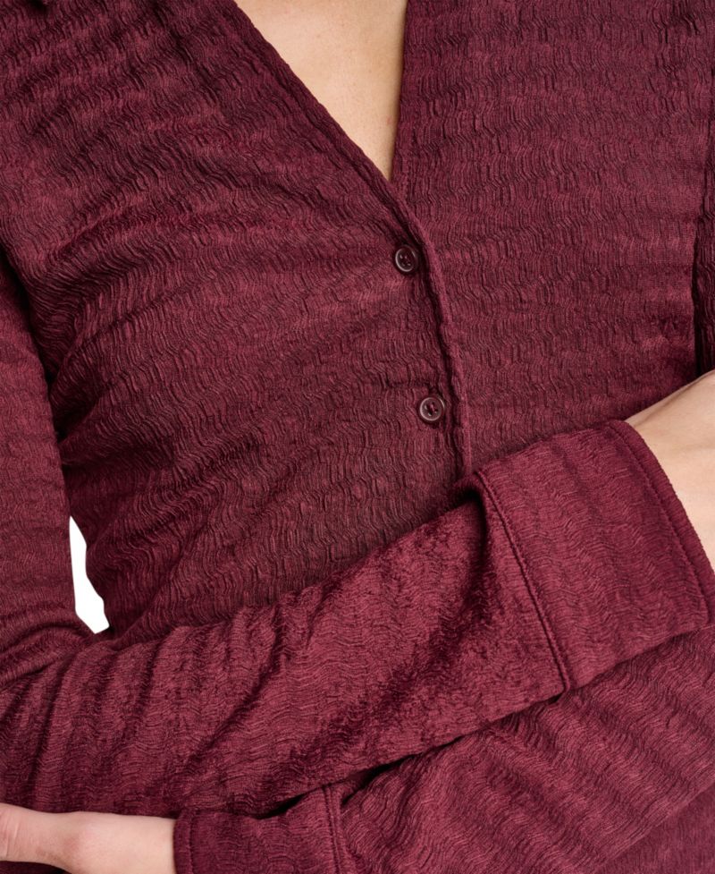 Petite Textured Knit Button Front Top