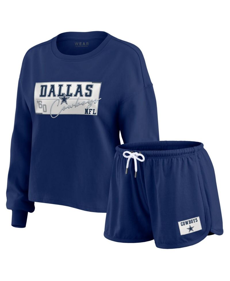 Women's 2-Piece Navy Dallas Cowboys Heavy Rugby Jersey Long Sleeve T-Shirt and Shorts Lounge Set