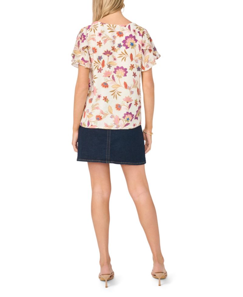 Women's Printed V-Neck Ruffle Seam Top