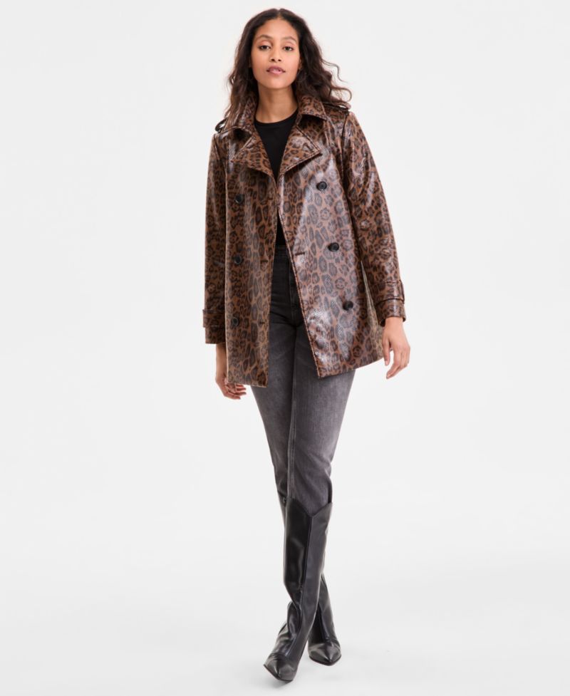 Petite Double-Breasted Faux-Leather Belted Trench Coat