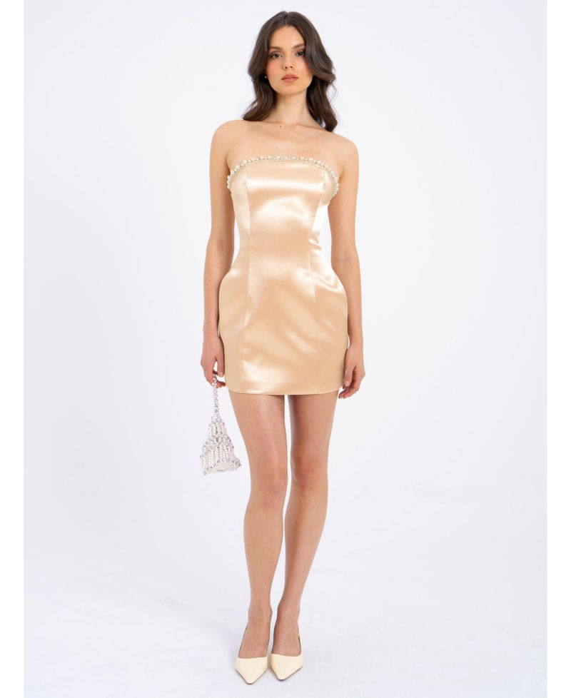 Women's Paisley Pearl Trim Gold Sleeveless Mini Dress