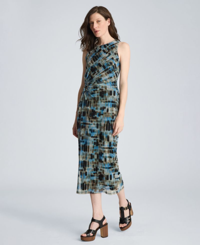 Women's Twist Front Mesh Printed Midi Dress