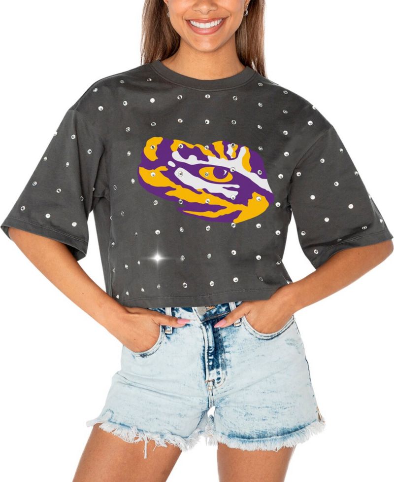 Women's Gray LSU Tigers Go Time Rhinestone Crop T-Shirt