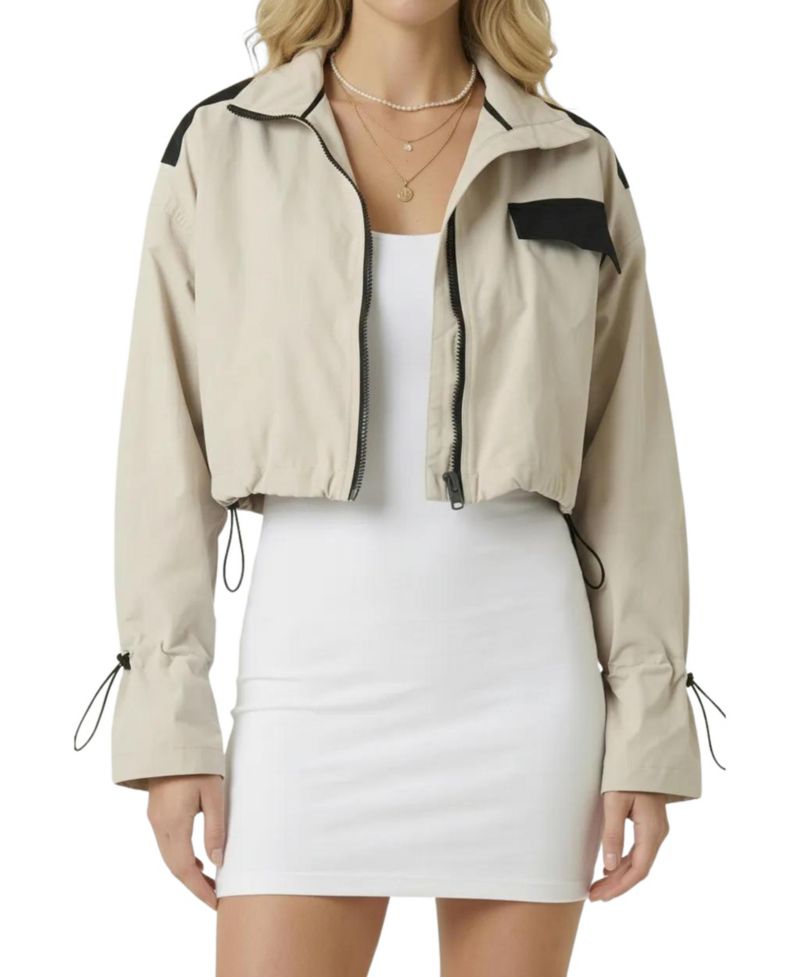 Women's Cropped Zip-Front Contrast-Pocket Jacket