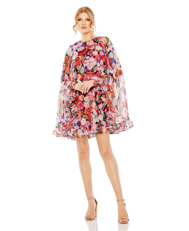 Women's Floral Printed Cape Mini Dress