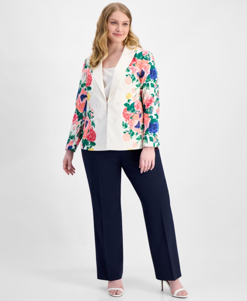 ASL Plus Size Printed Faux Double-Breasted Blazer