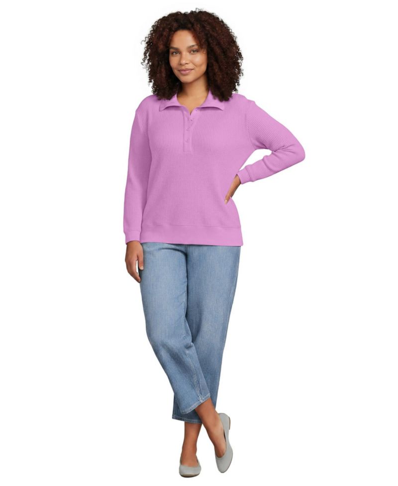 Plus Size Long-Sleeve Waffle-Knit Button-Up Henley