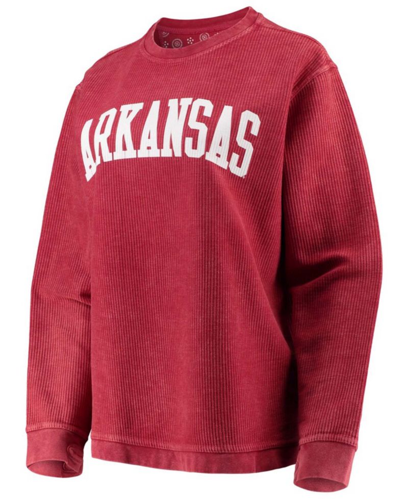 Women's Cardinal Arkansas Razorbacks Comfy Cord Vintage-Like Wash Basic Arch Pullover Sweatshirt