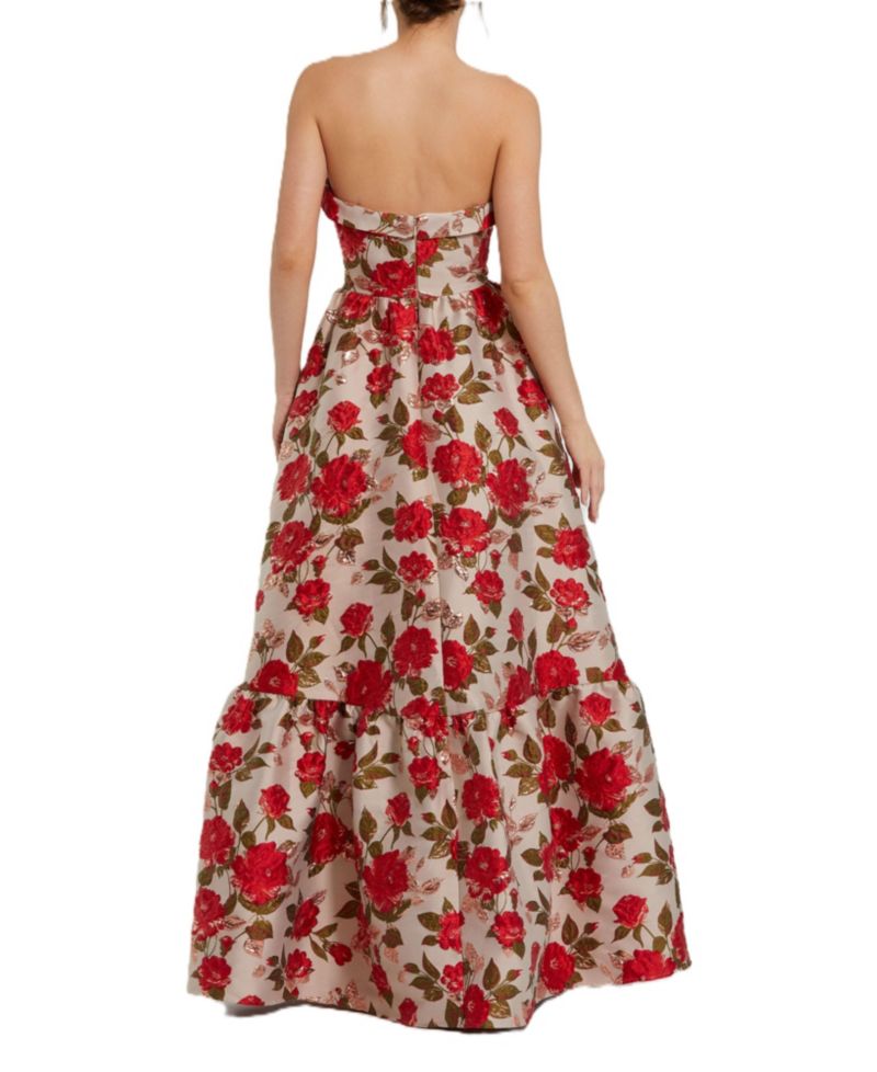 Women's Brocade Strapless Floral Gown With Ruffle Hem