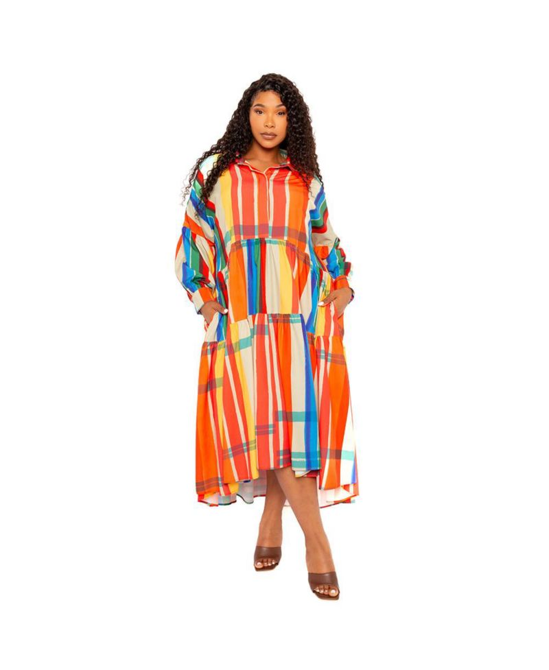 Women's Plus Size Plaid Puff Sleeve Tiered Shirt Dress