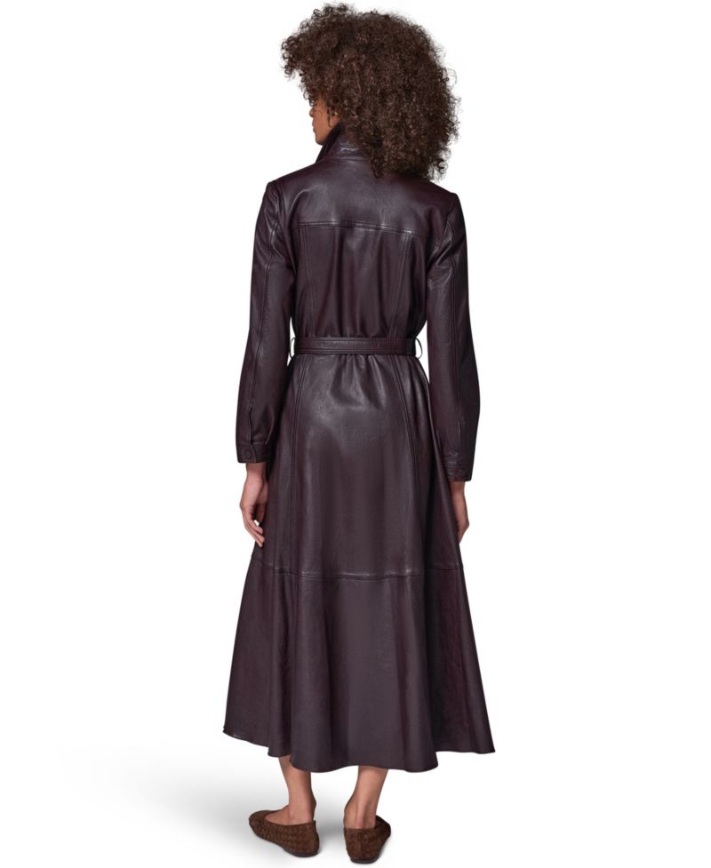 Women's Long-Sleeve A-Line Collared Leather Shirt Dress