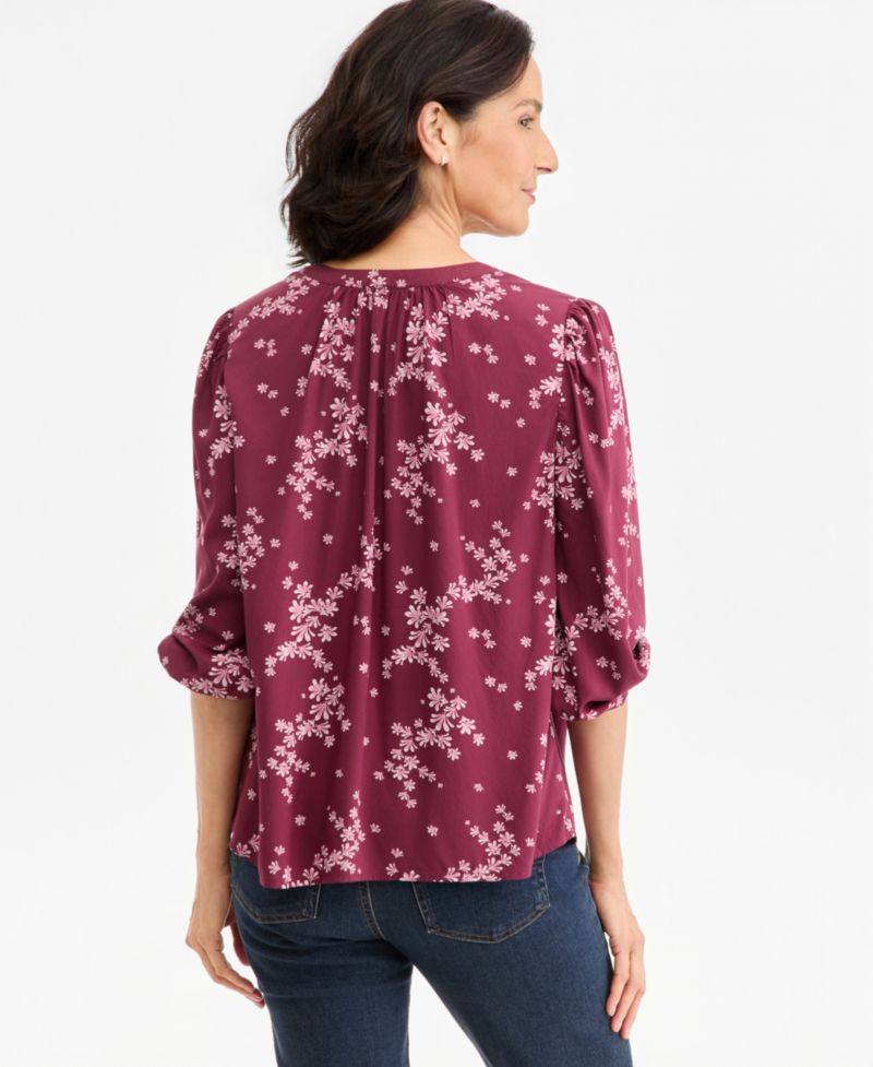 Petite Puff-Sleeve 3/4-Sleeve Floral-Print Blouse