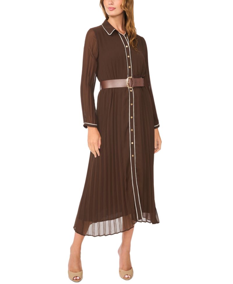 Women's Pleated Long-Sleeve Midi Dress
