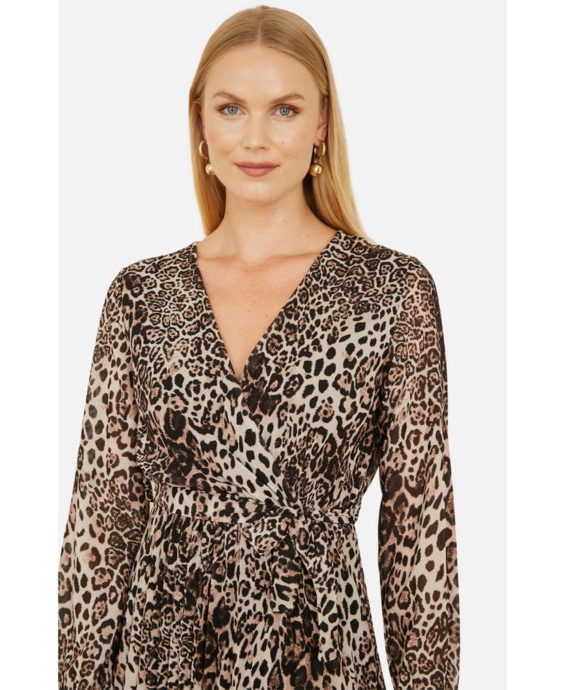 Women's Leopard Print Long Sleeve Midi Dress
