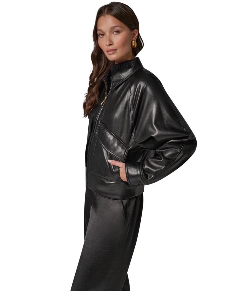Women's Short Raglan Collared Faux Leather Jacket