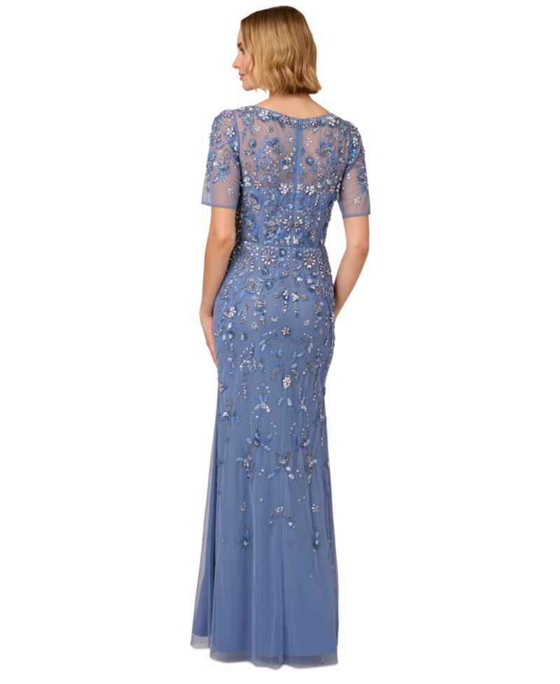 Women's V-Neck Beaded Short-Sleeve Mesh Gown