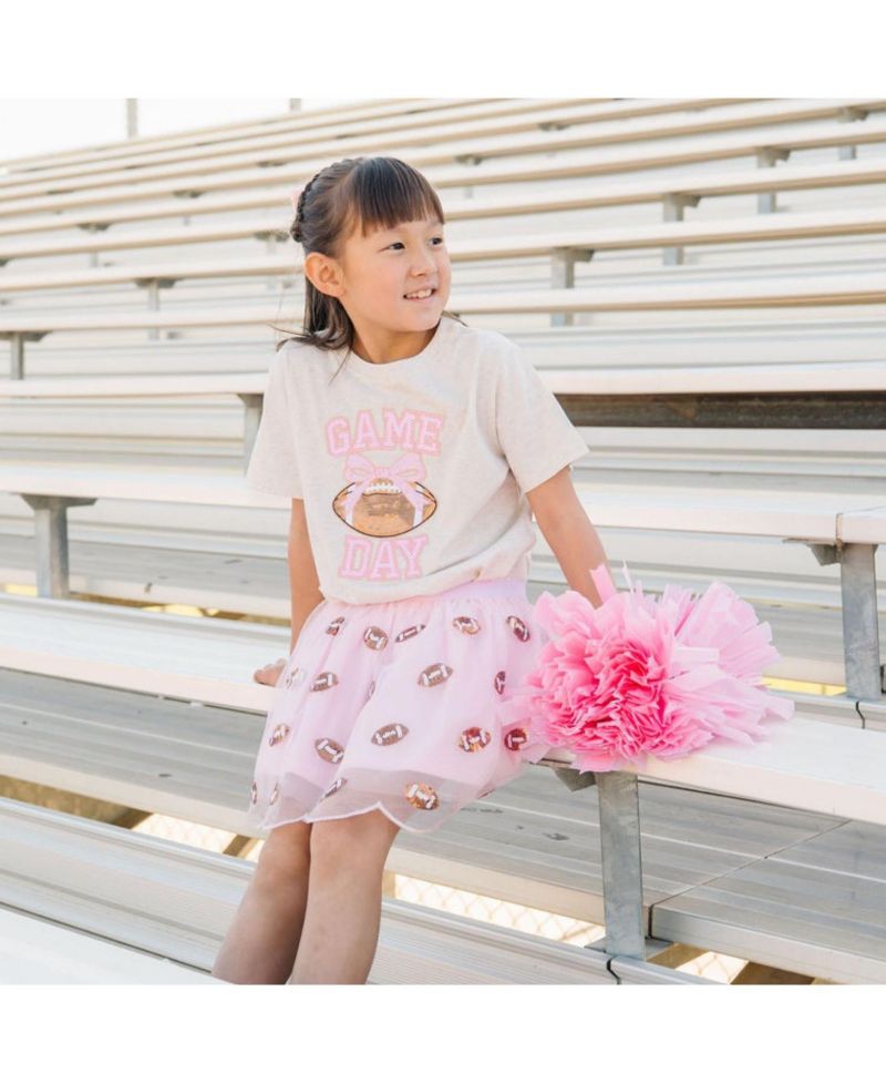 Little Girls Game Day Sequin Patch Short Sleeve T-Shirt