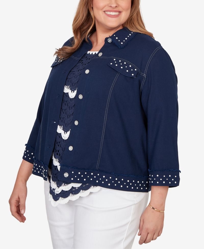 Plus Size Port Side Pearl Trim Denim Jacket