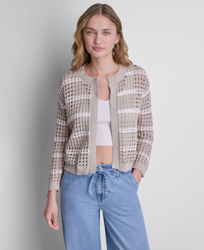 Women's Relaxed-Fit Stripe Open Stitch Drop Shoulder Open-Front Cardigan