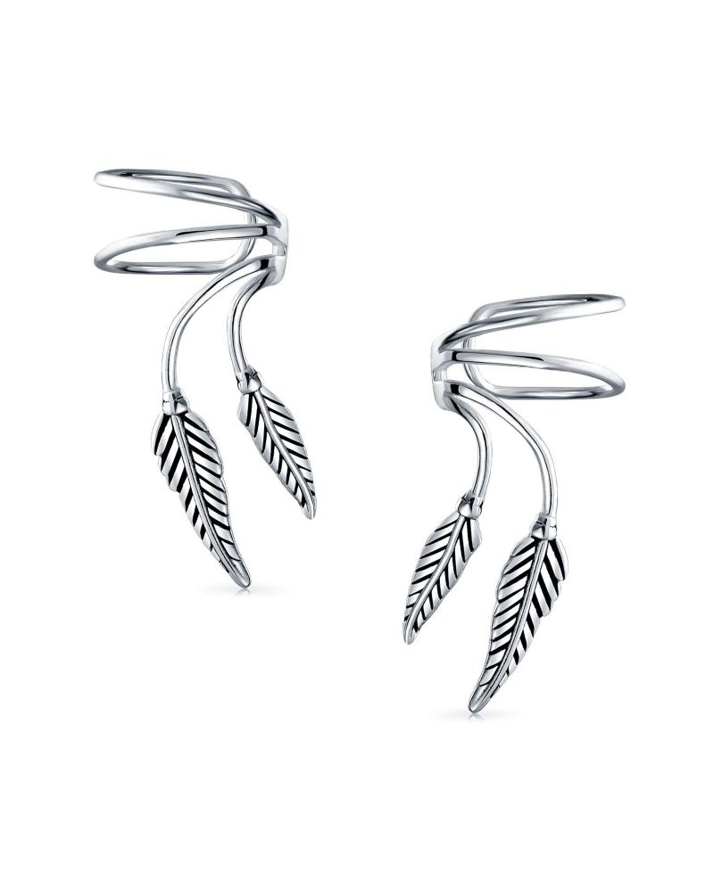 Double Feather Leaf Cartilage Ear Cuffs Earrings Oxidized Sterling Silver
