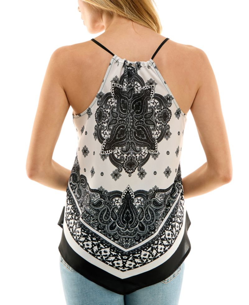 Juniors' Printed Handkerchief-Hem Sleeveless Top
