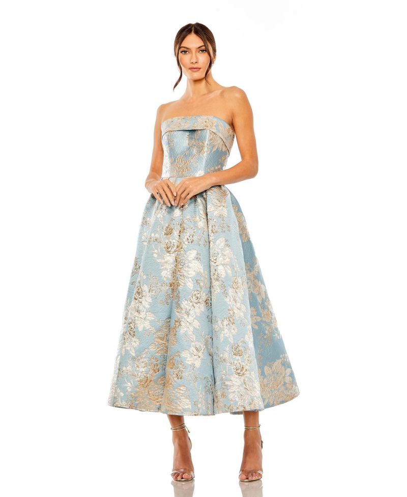 Petite Strapless Floral Brocade Midi Dress with Pockets
