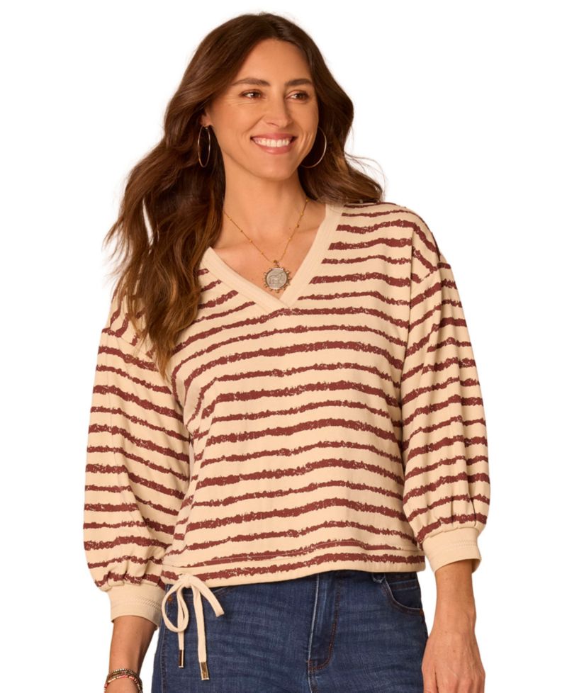 Petite Striped 3/4-Sleeve Blouson V-Neck Top