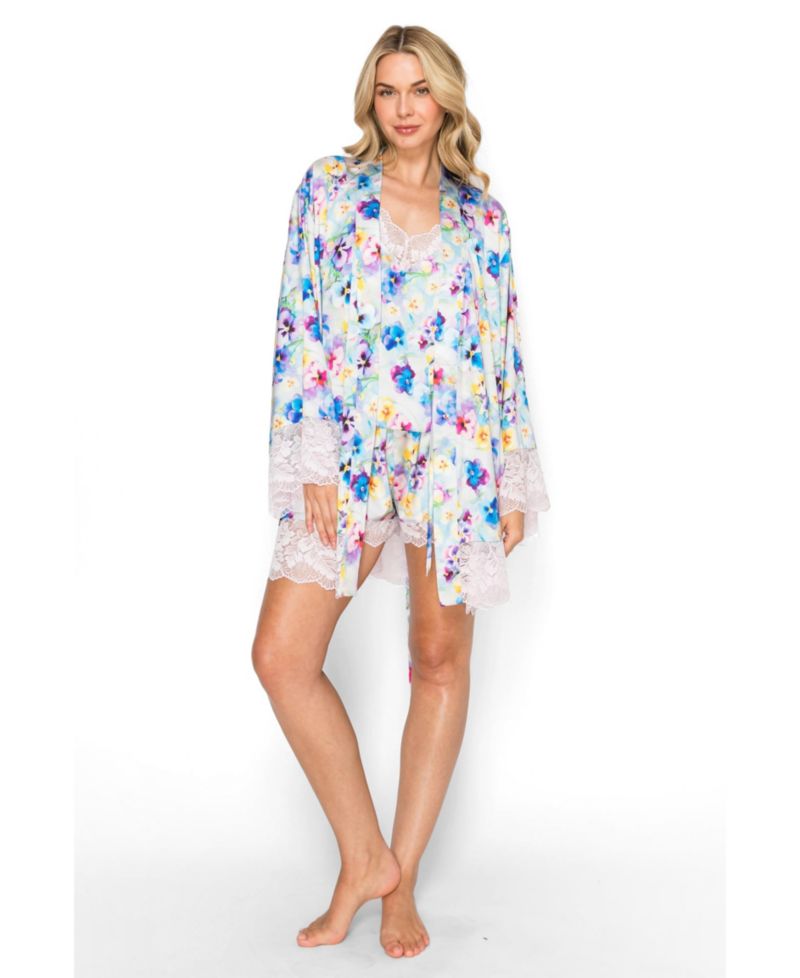Women's Satin Sparkle-Lace Floral Wrap Robe