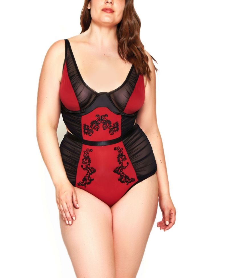 Women's Plus Size Mesh Rushed Bodysuit Lingerie with Applique and Contrast Panels