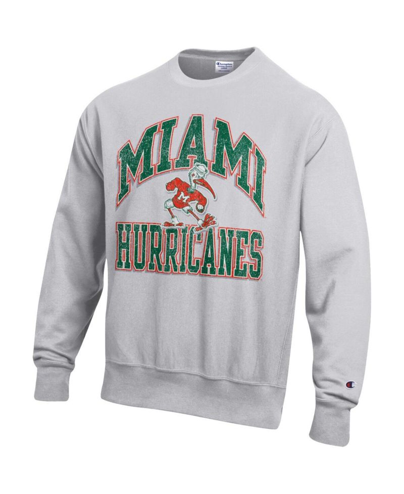 Men's Gray Miami Hurricanes Distressed Arch Over Logo Reverse Weave Crew Neck Sweatshirt