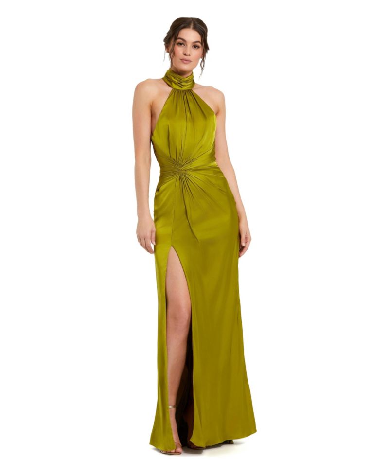 Petite Open Back High Neck Side Ruched Gown