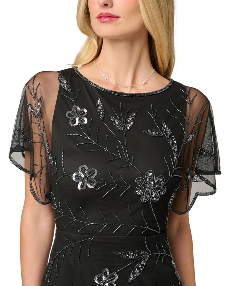 Women's Sheer-Flutter-Sleeve Floral-Print Beaded Dress