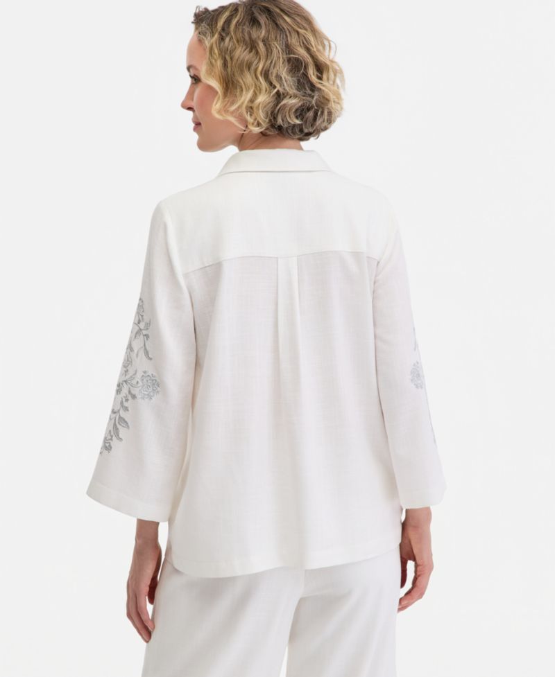 Women's Collared Embroidered Linen-Blend 3/4-Sleeve Top