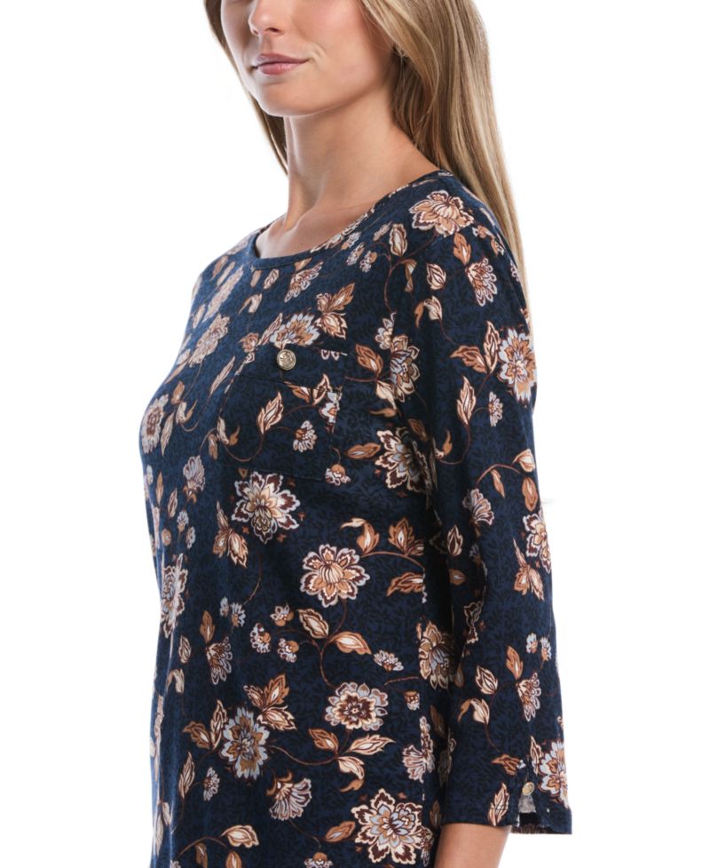 Women's Petite Floral 3/4-Sleeve Rib-Knit T-Shirt