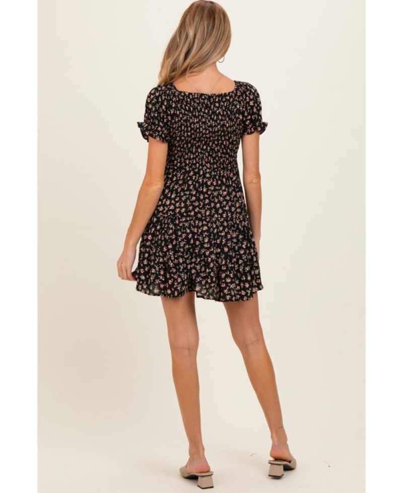Women's Black Floral Smocked V-Neck Puff Sleeve Dress