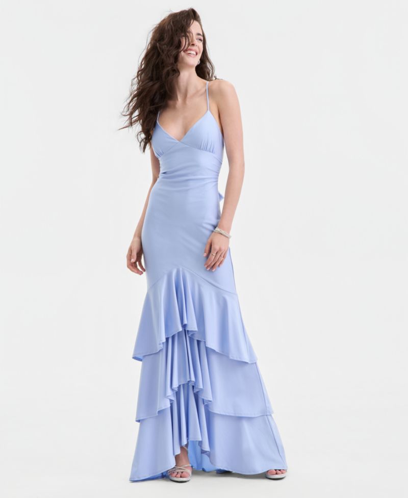 Juniors' V-Neck Tiered Tie-Back Gown