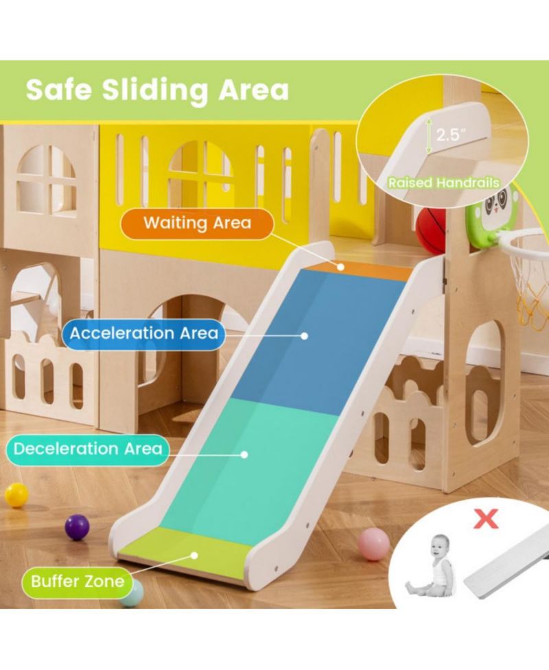 7-in-1 Wooden Slide and Climber Set with Basketball Hoop