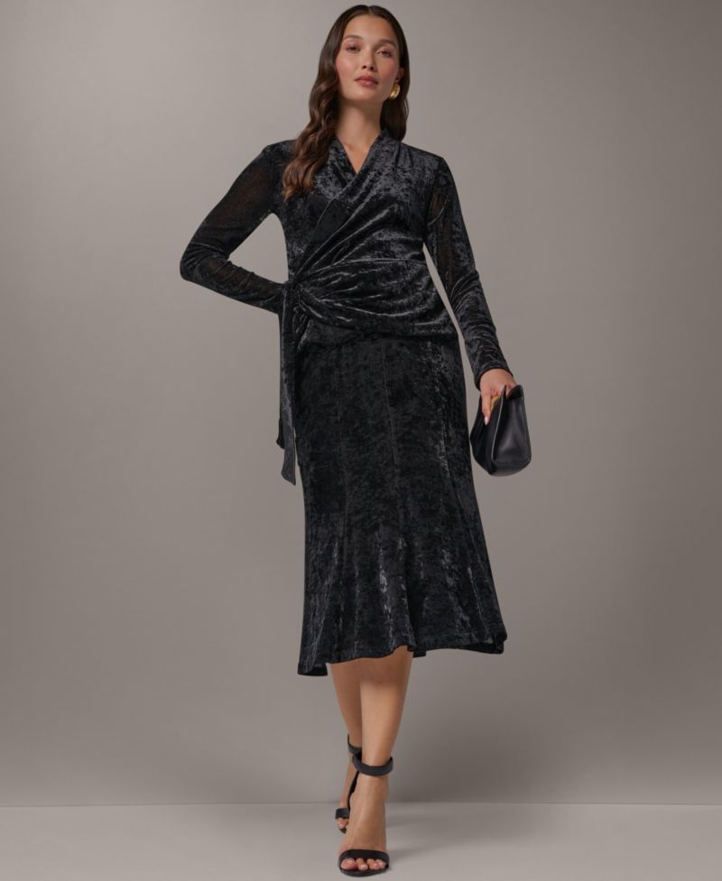 Women's Stretch High-Waisted Velvet Midi Skirt