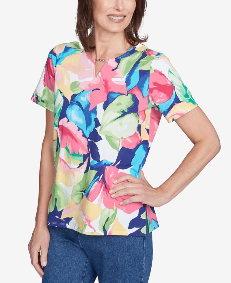 Petite Tropical Leaf Split Beaded Neck Top