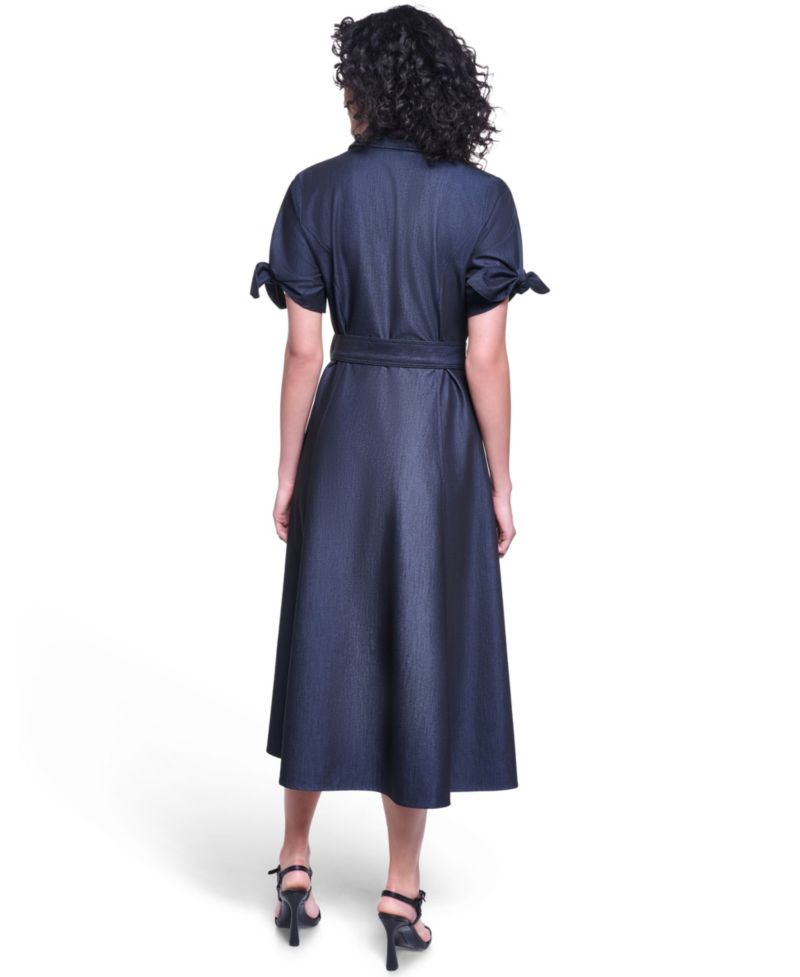 Women's Denim Belted Midi Shirt Dress