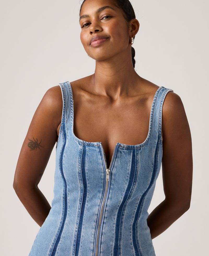 Premium Women's Seamed Figure Hugging Slim Fit Square Neck Cotton Dress