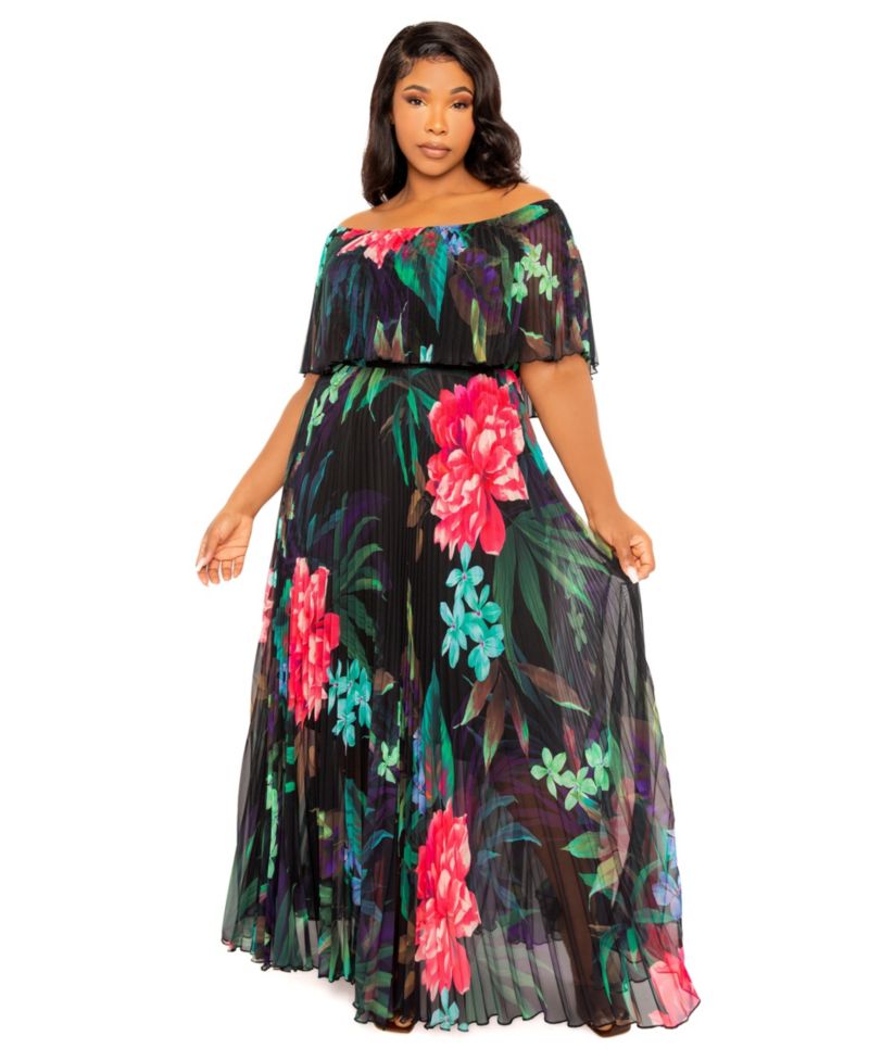 Plus Size Ombre Off Shoulder Pleated Maxi Dress