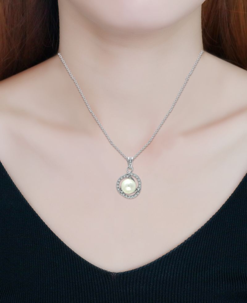 Imitation Pearl with Cubic Zirconia Crystal Swirl Halo Pendant in Silver Plate 18"