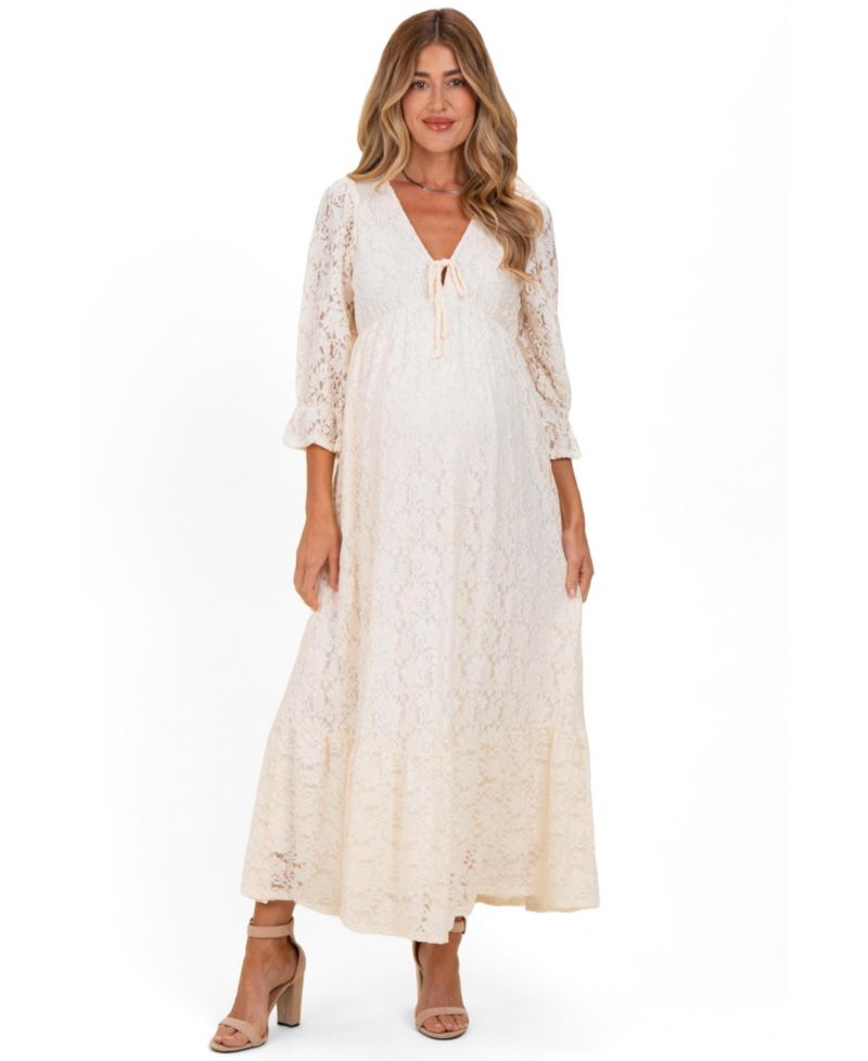 Women's Ivory Floral Lace 3/4 Ruffle Sleeve V-Neck Maxi Dress
