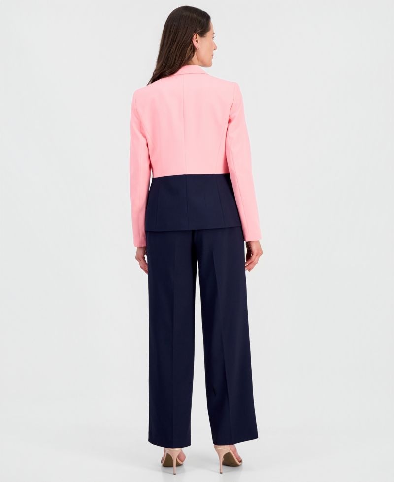 Colorblocked One-Button Peplum Jacket & Fly-Front Wide-Leg Pants Suit