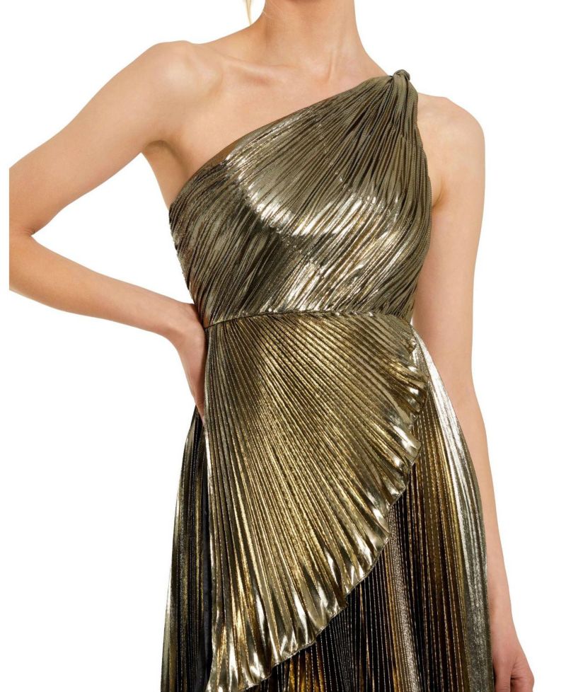 Women's Pleated Metallic One Shoulder High Low Gown