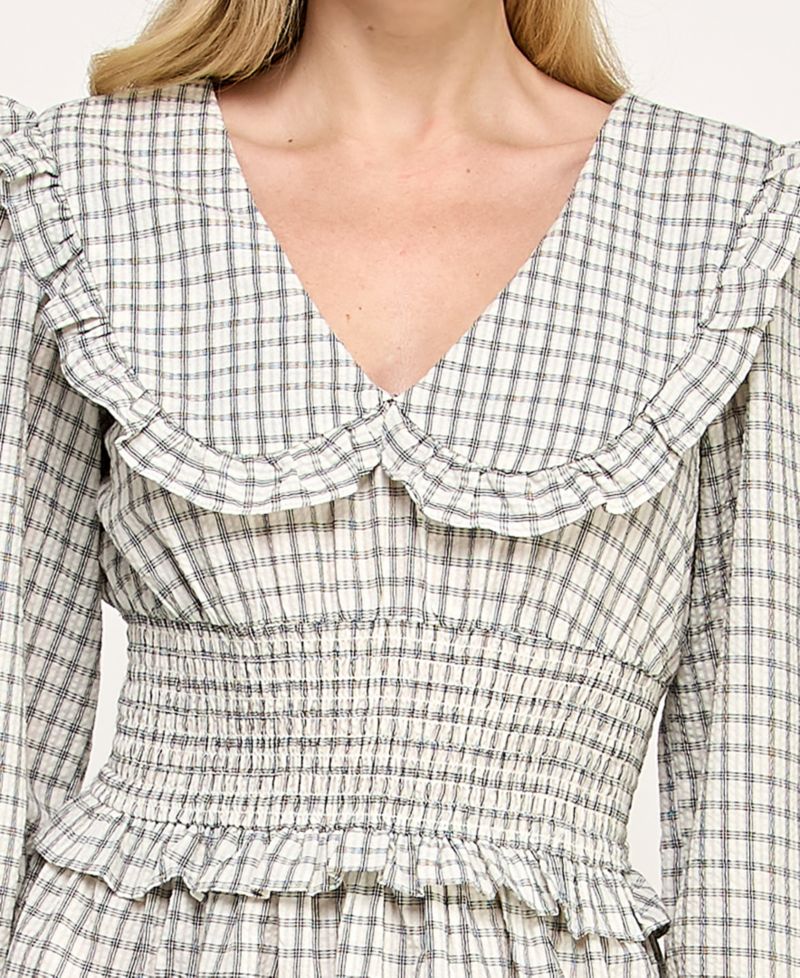 Juniors' Collared Smocked Checker Pattern Dress